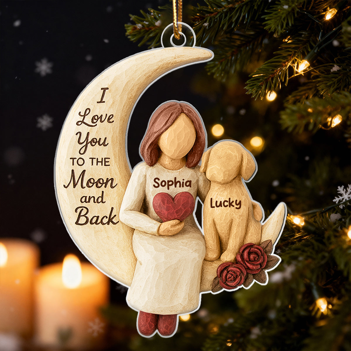 Woman and Dog Love to the Moon - Personalized Acrylic Ornament - Heartfelt Christmas Gift for Dog Mom, Pet Memorial Keepsake