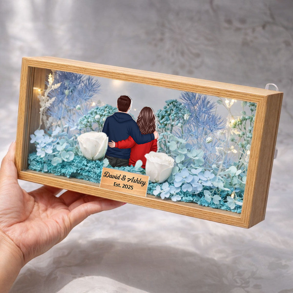Eternal Love Back View Couple - Personalized DIY Flower Shadow Box LED Night Light - Gift For Couple, For Him, For Her