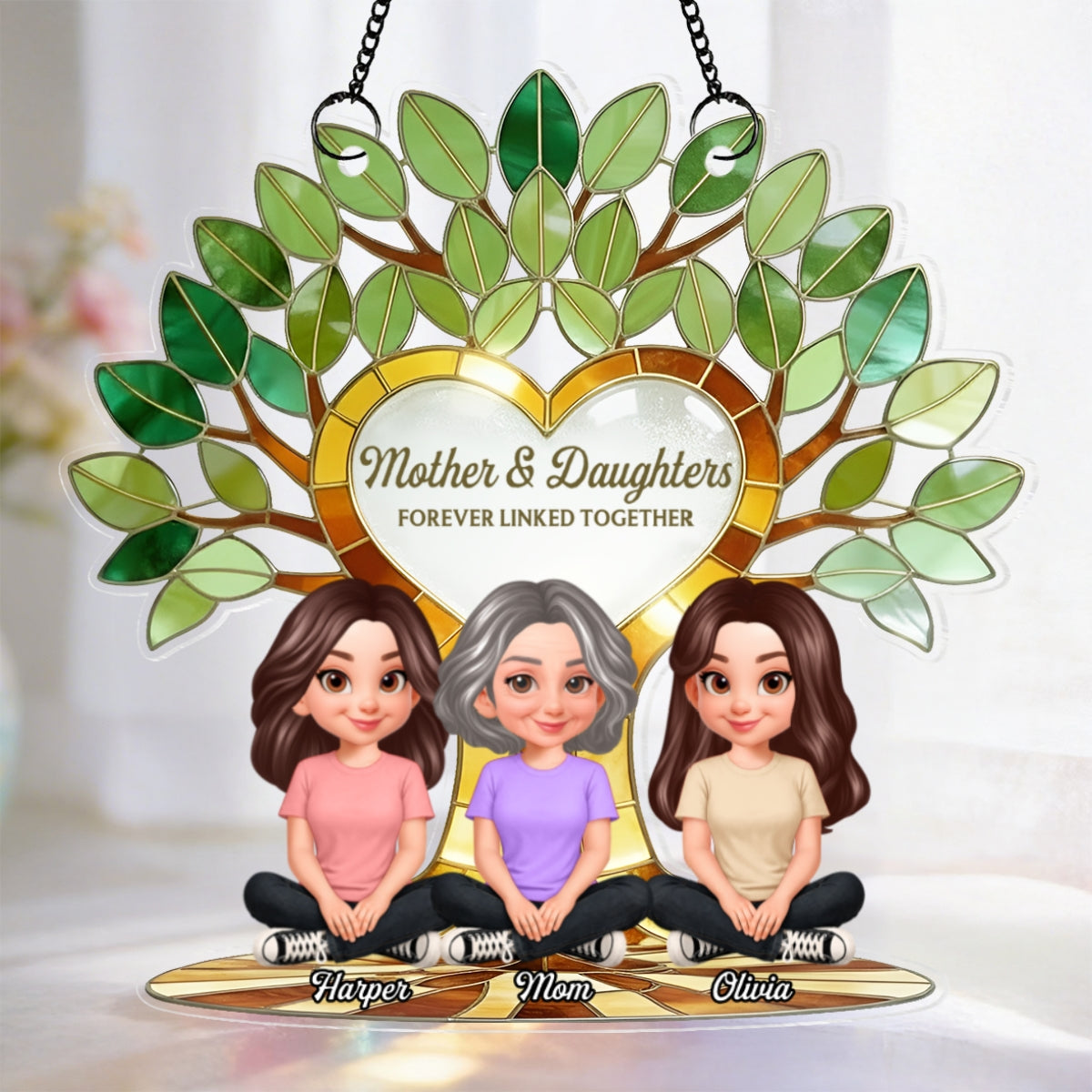 Mom And Son Daughter Under Green Family Tree Of Life - Personalized Suncatcher Ornament - Gift For Mom