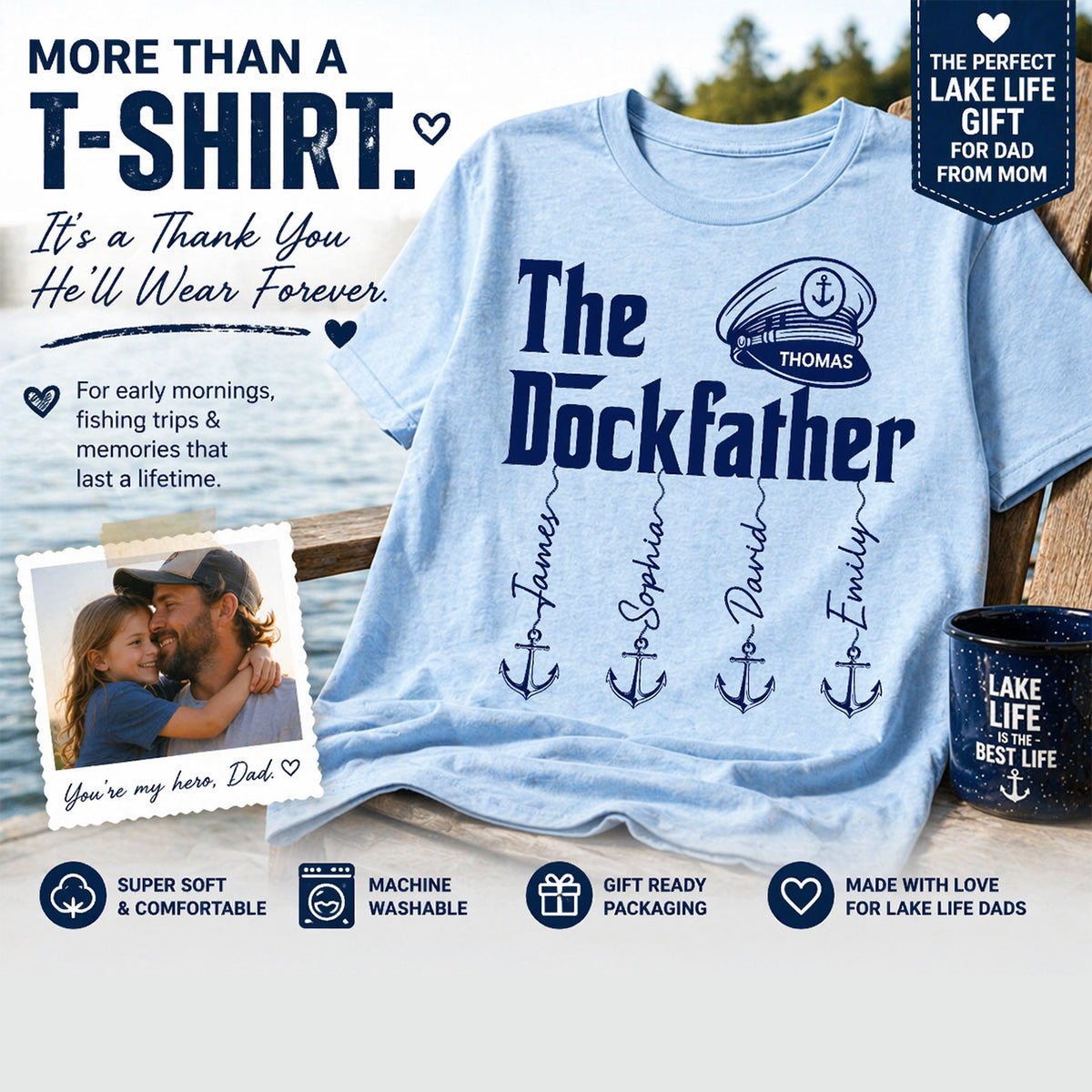 The Dockfather Boat Captain Custom Kids Names - Personalized Shirt - Lake Life Father's Day Gift For Husband, Dad