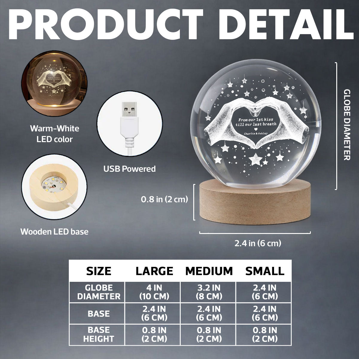 From Our First Kiss Till Our Last Breath - Personalized Crystal Ball Night Light - Heartfelt Anniversary Gift for her, for him