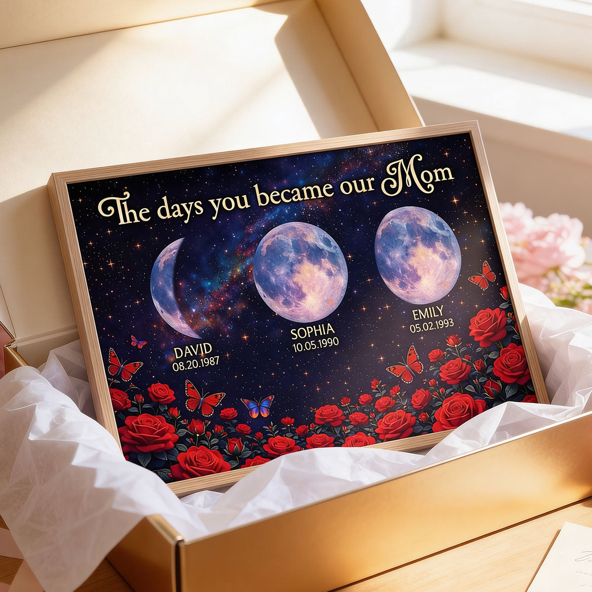 Roses The Day You Became Mom Grandma Custom Birth Moon Phase - Personalized Poster - Mother's Day Gift For Mom, Grandma