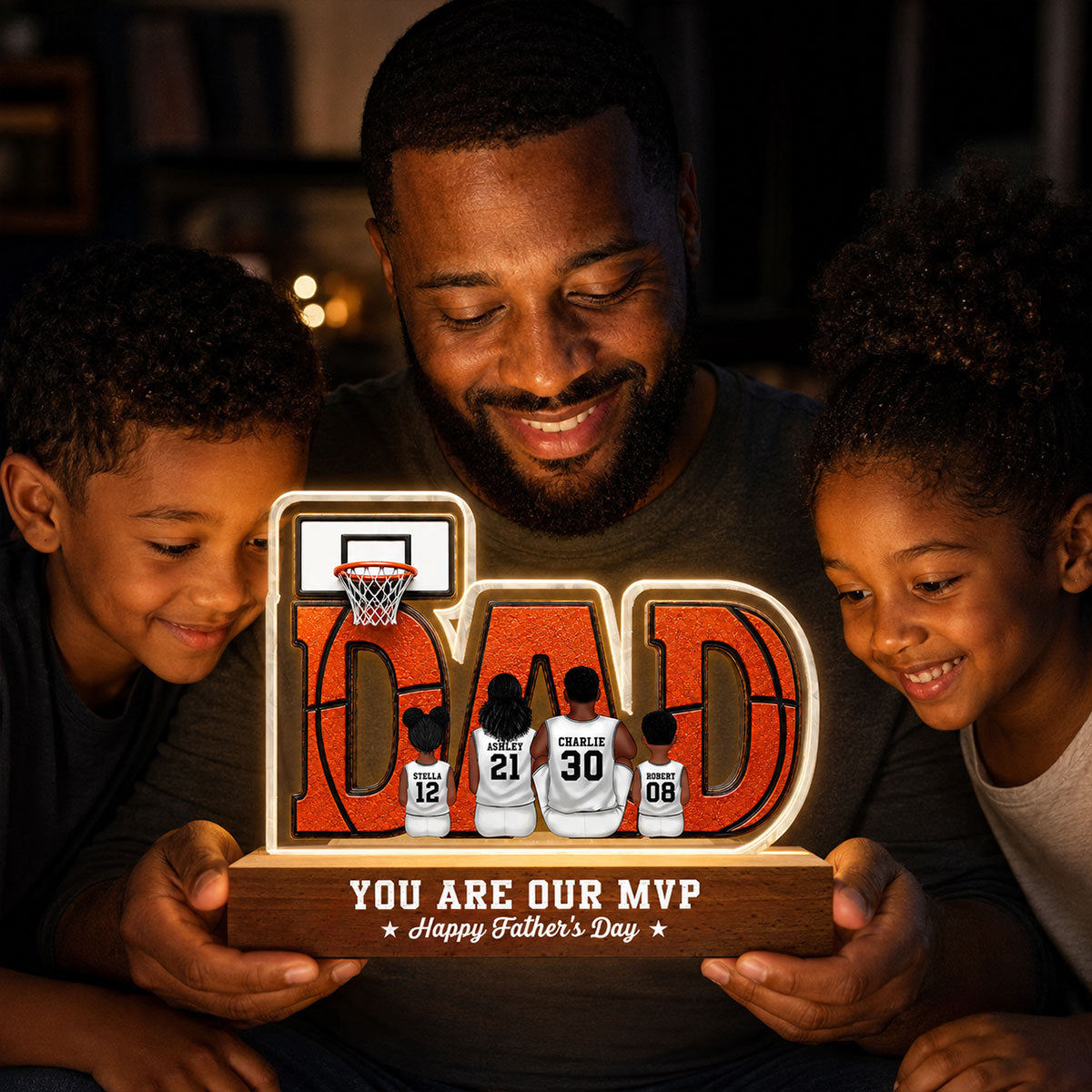 Basketball Dad Legend Daddy's Dream Team - Personalized Acrylic Block LED Night Light - Father's Day Gift For Dad, Husband, Basketball Fans