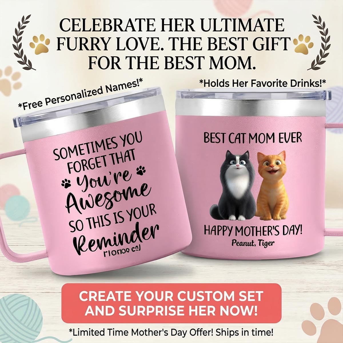 Sometimes You Forget That You're Awesome Cat Mom - Personalized Stainless Steel Tumbler with Handle - Mother's Day Gift For Cat Lovers