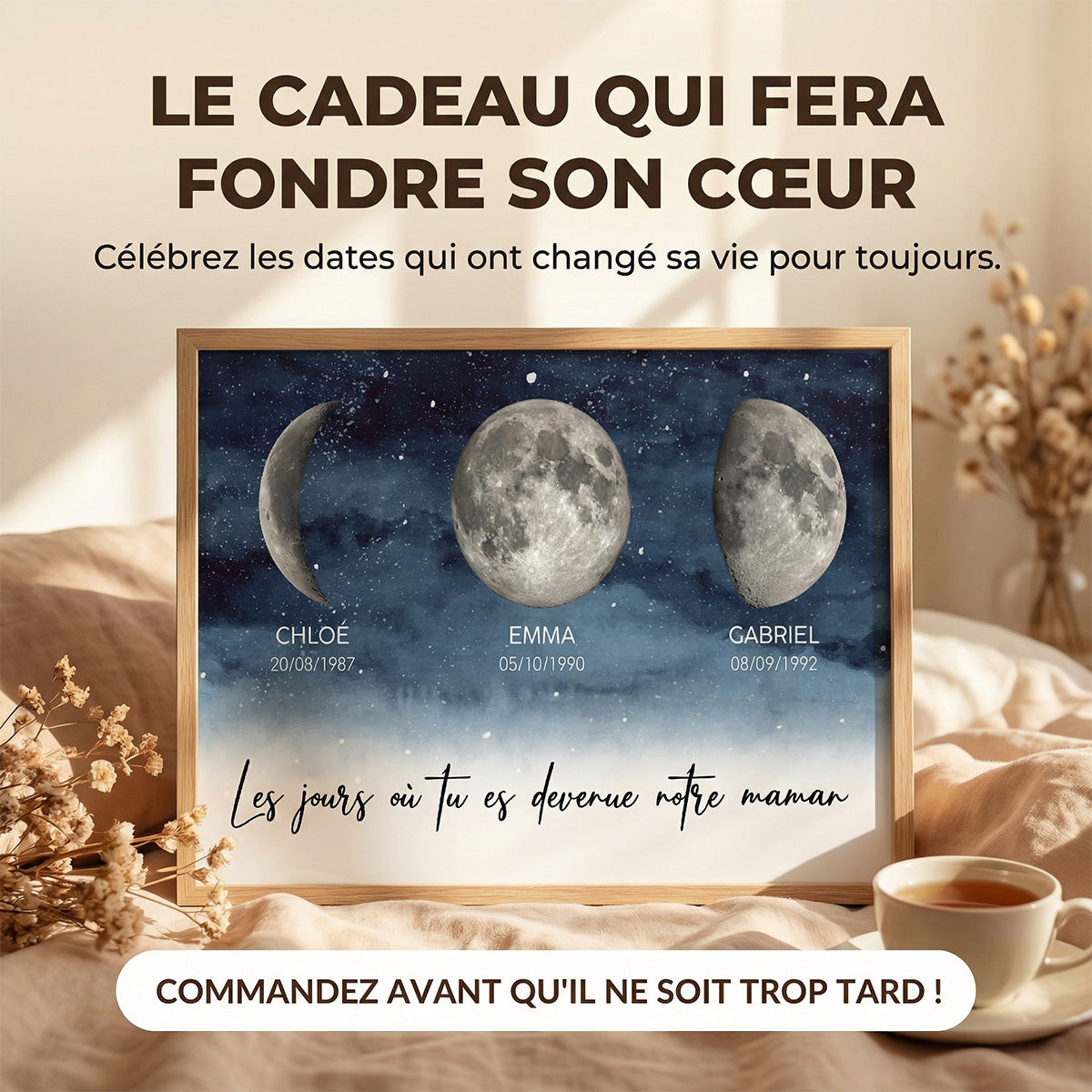Nuit étoilée Le jour où tu es devenue Maman, Mamie – Affiche personnalisée avec phases de lune de naissance – Cadeau de Fête des Mères pour Maman ou Mamie
