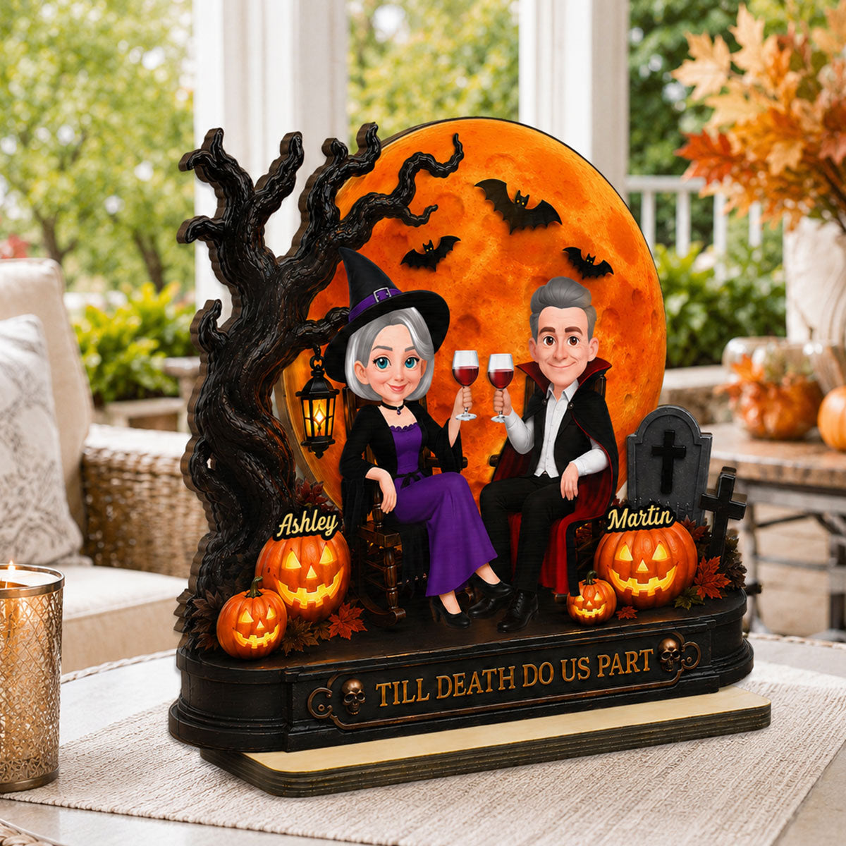 Spooky Halloween Couple With Moon - Personalized 2-Layered Wooden Plaque - Gift For Couple, Him, Her
