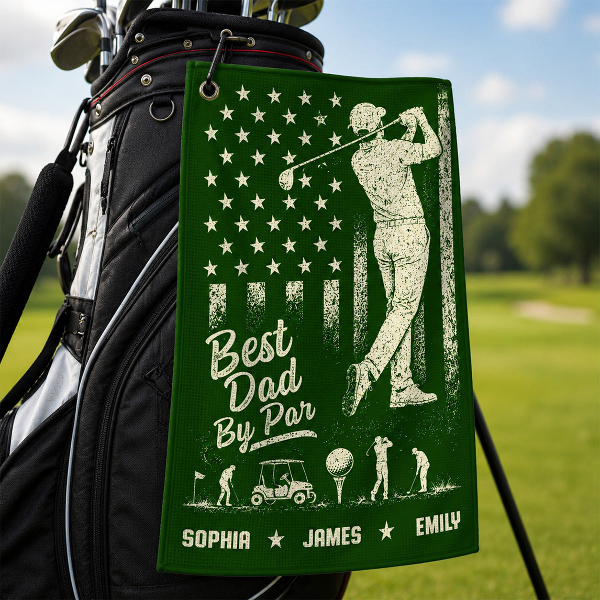 Best Dad Grandpa By Par Nation Flag Kid Custom Name - Personalized Golf Towel - Father's Day Gift For Golfers