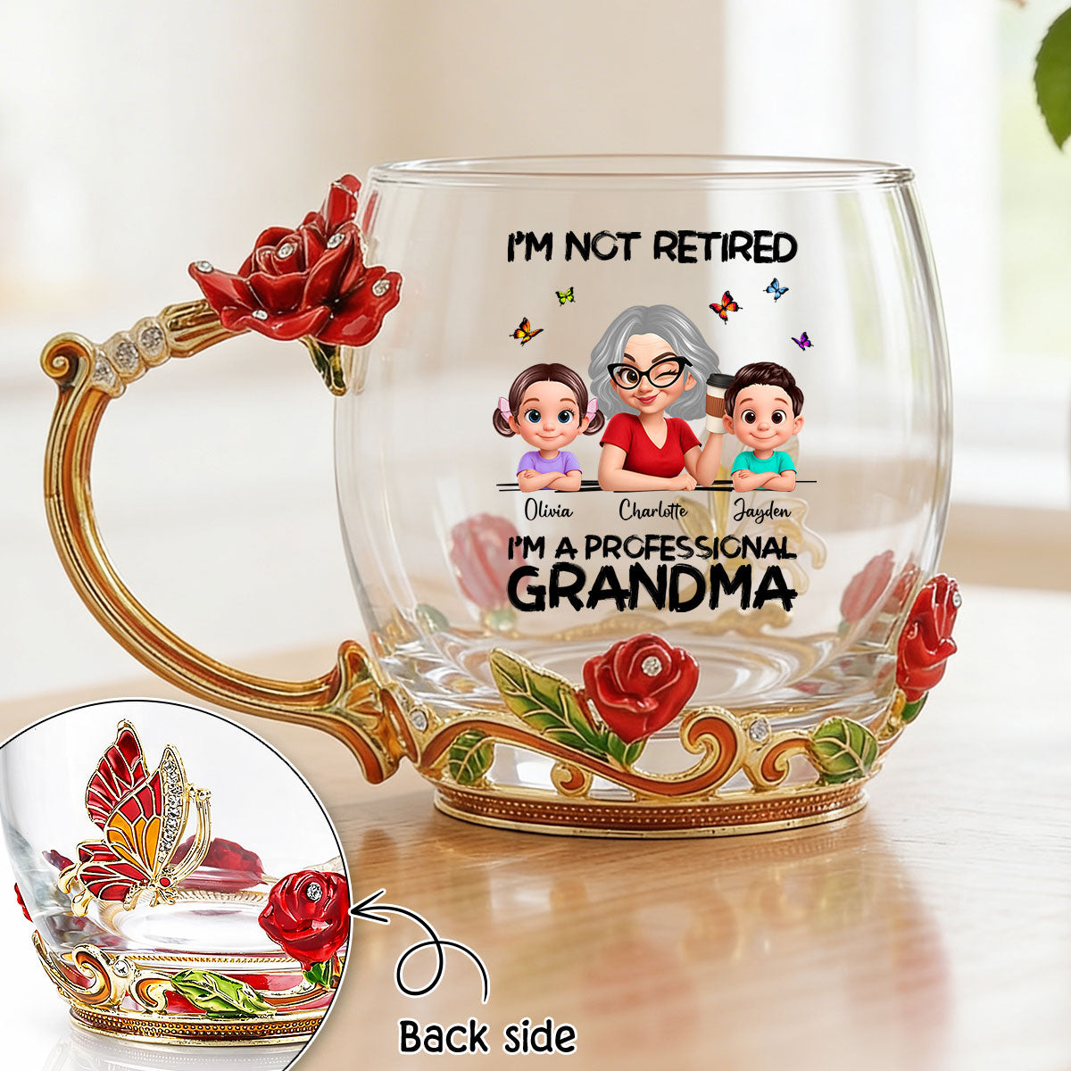Not Retired Professional Grandma - Personalized Enamel Flower Tea Cup - Gift For Retired Grandma, Mom