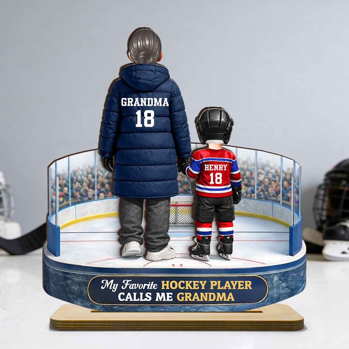 Hockey Grandma And Grandkids On The Ice - Personalized 2-Layered Wooden Plaque - Heartfelt Gift For Grandma