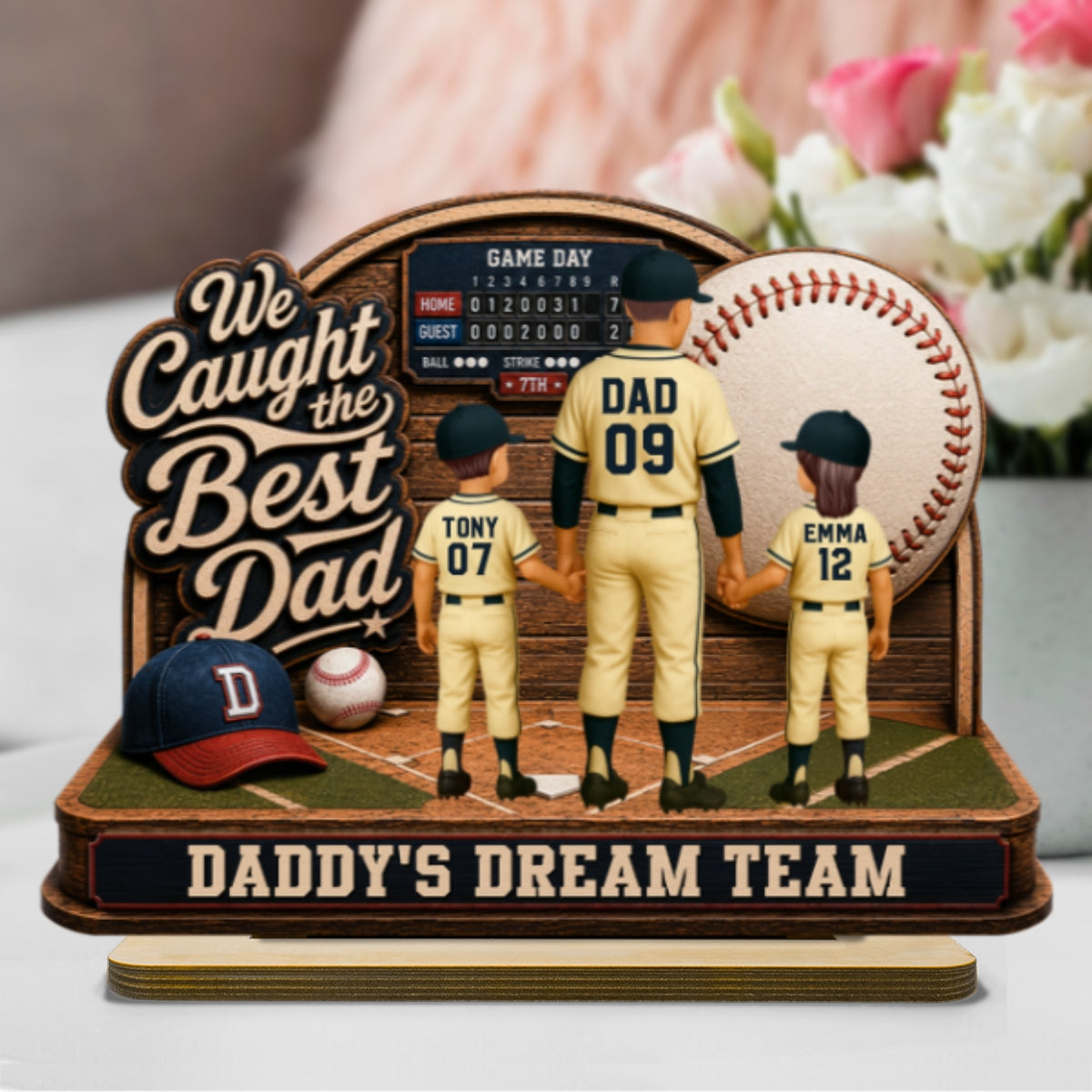 Baseball Things Dad & Kids Back View Standing 2D Flat - Personalized 2-Layered Wooden Plaque - Happy  For Baseball Dad