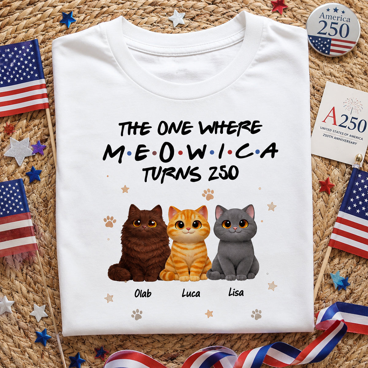 The One Where Meowica Turns 250 - Personalized Shirt - America 250th Anniversary Shirt for Cat Lovers