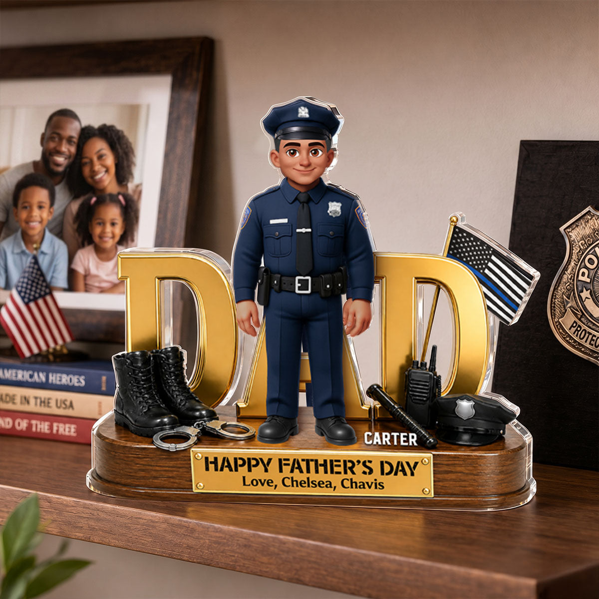 Proud American Police Dad You Are Our Hero Thin Blue Line 2D Flat - Personalized Acrylic Block Plaque -  Gift For Dad