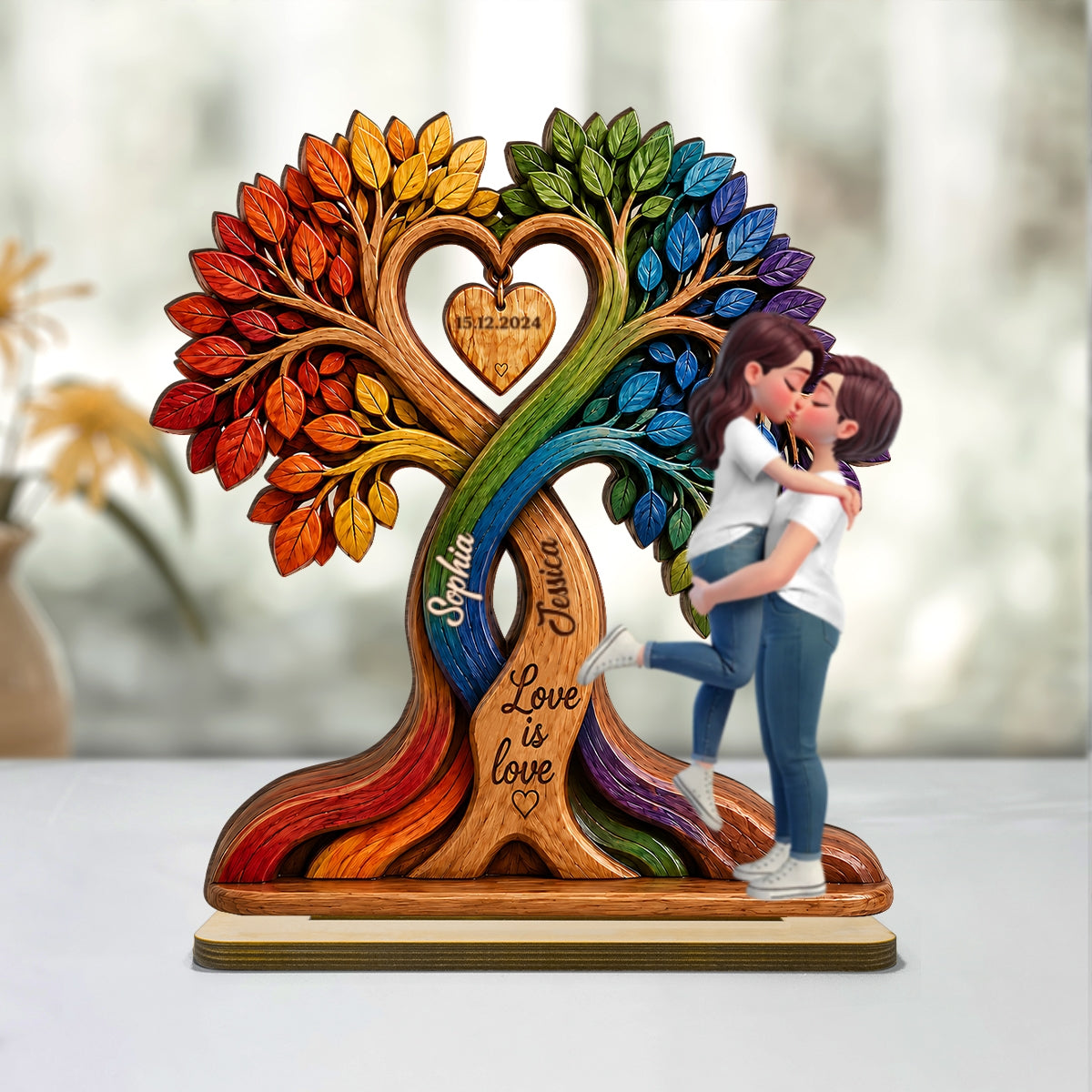LGBT Couple Kissing Under Tree - Personalized 2-Layered Wooden Plaque - Heartfelt Gift for Her, Gift for Him