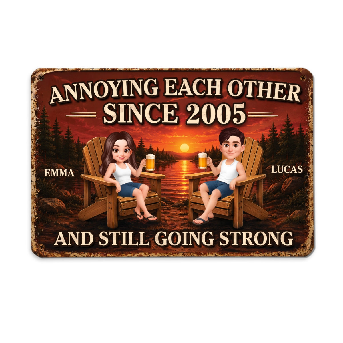 Couple Annoying Each Other Sunset Lake View - Personalized Metal Sign - Anniversary Gift For Couple