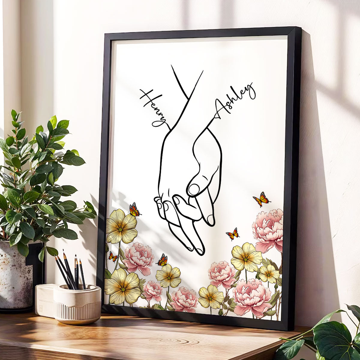 I Love You Couple Hand Print Birth Flower - Personalized Poster - Sentimental Gift for him, for her