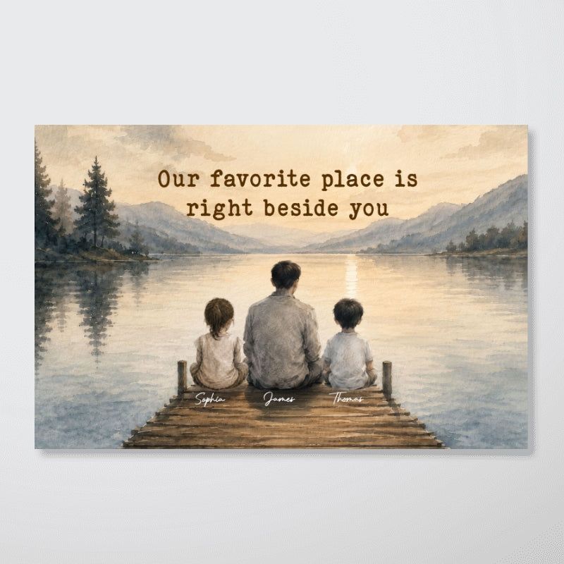 Peaceful Lakeside Dad And Kids Watercolor Style - Personalized Poster