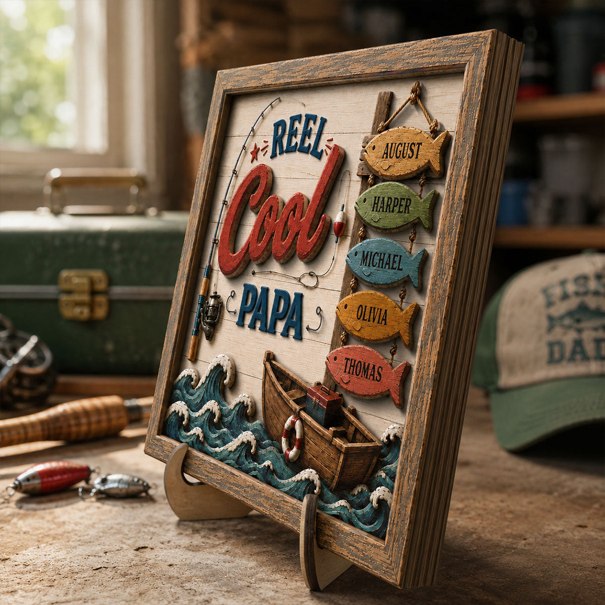 Reel Cool Dad Custom Kids Names Fishing - Personalized Wooden Plaque - Father’s Day Gift For Dad
