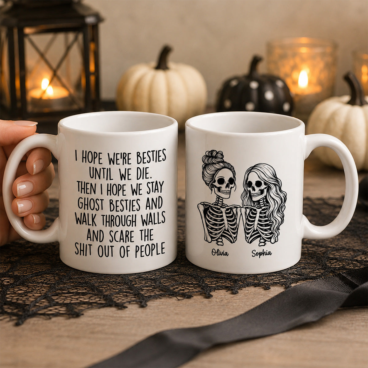Besties Until We Die Skeleton Besties - Personalized Mug - Funny Work Bestie Gift, Halloween Keepsake For Best Friends