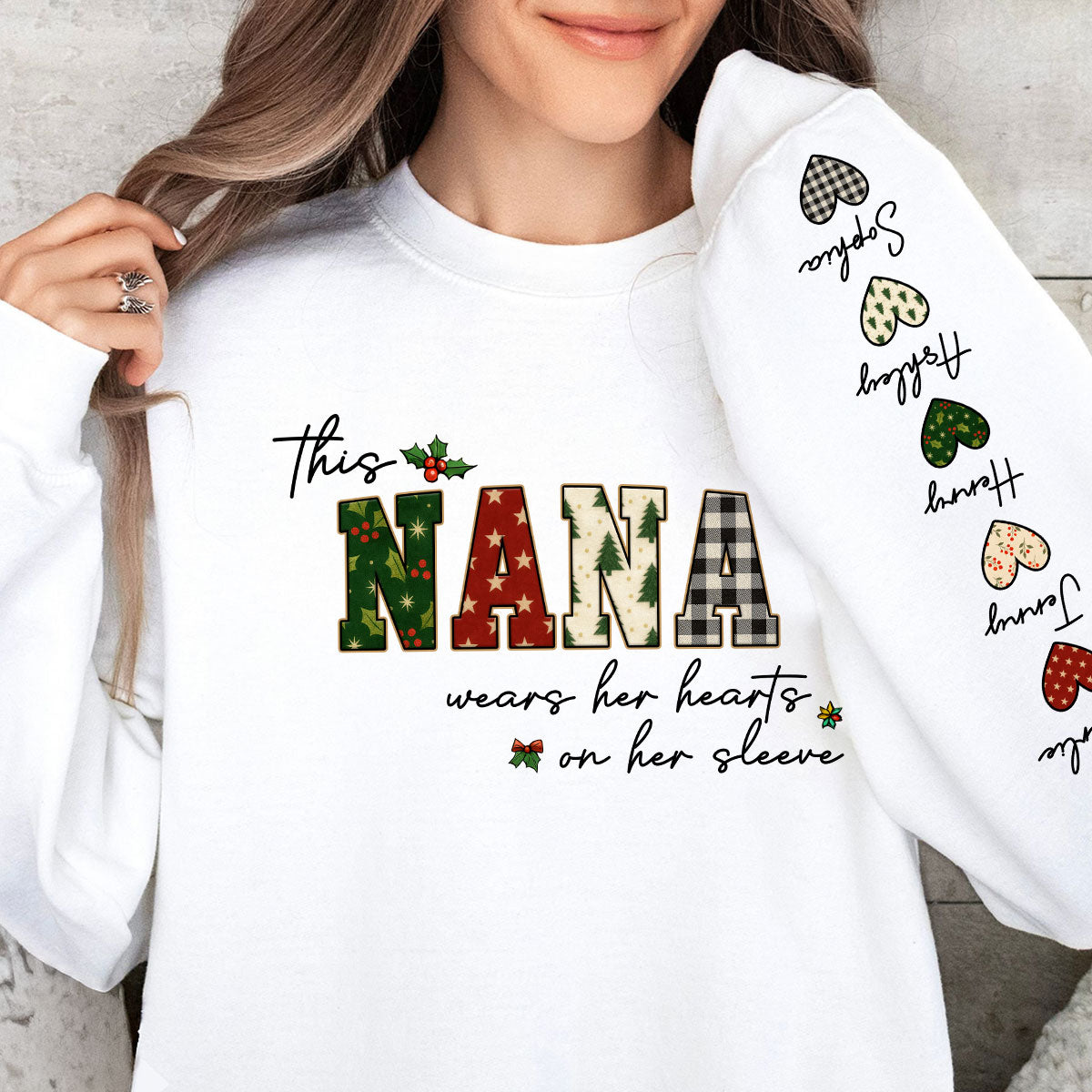Christmas This Grandma Wears Her Heart Her Sleeve - Personalized Sleeve Printed Sweatshirt