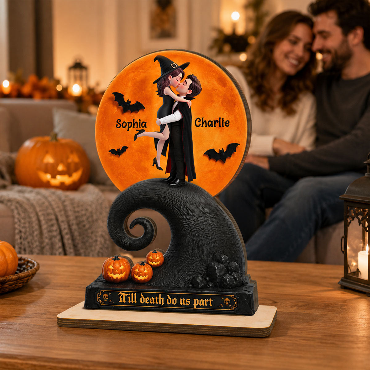 Our Love Beneath The Halloween Moon - Personalized 2-Layered Wooden Plaque - Halloween Gift For Couple