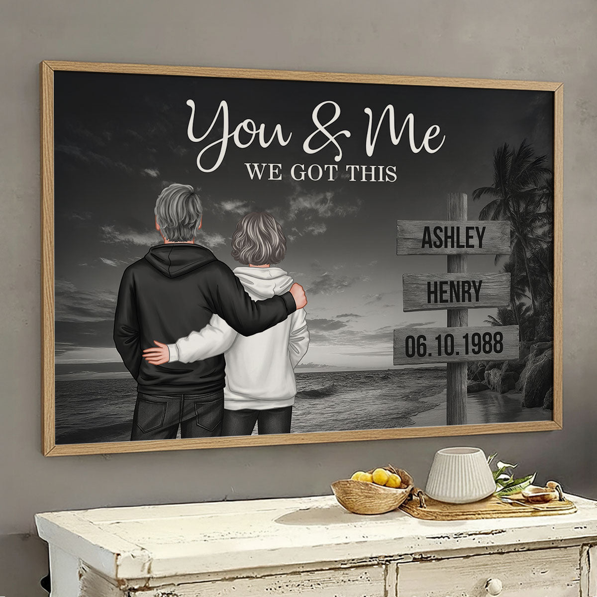 Retro Couple Street Sign Beach Landscape - Personalized Poster - Heartfelt Couple Gift for him, for her