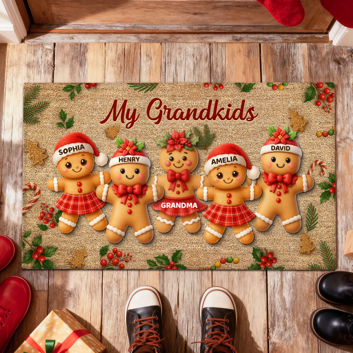 Gingerbread Grandparents and Grandkids - Personalized Doormat - Christmas Gift for Family