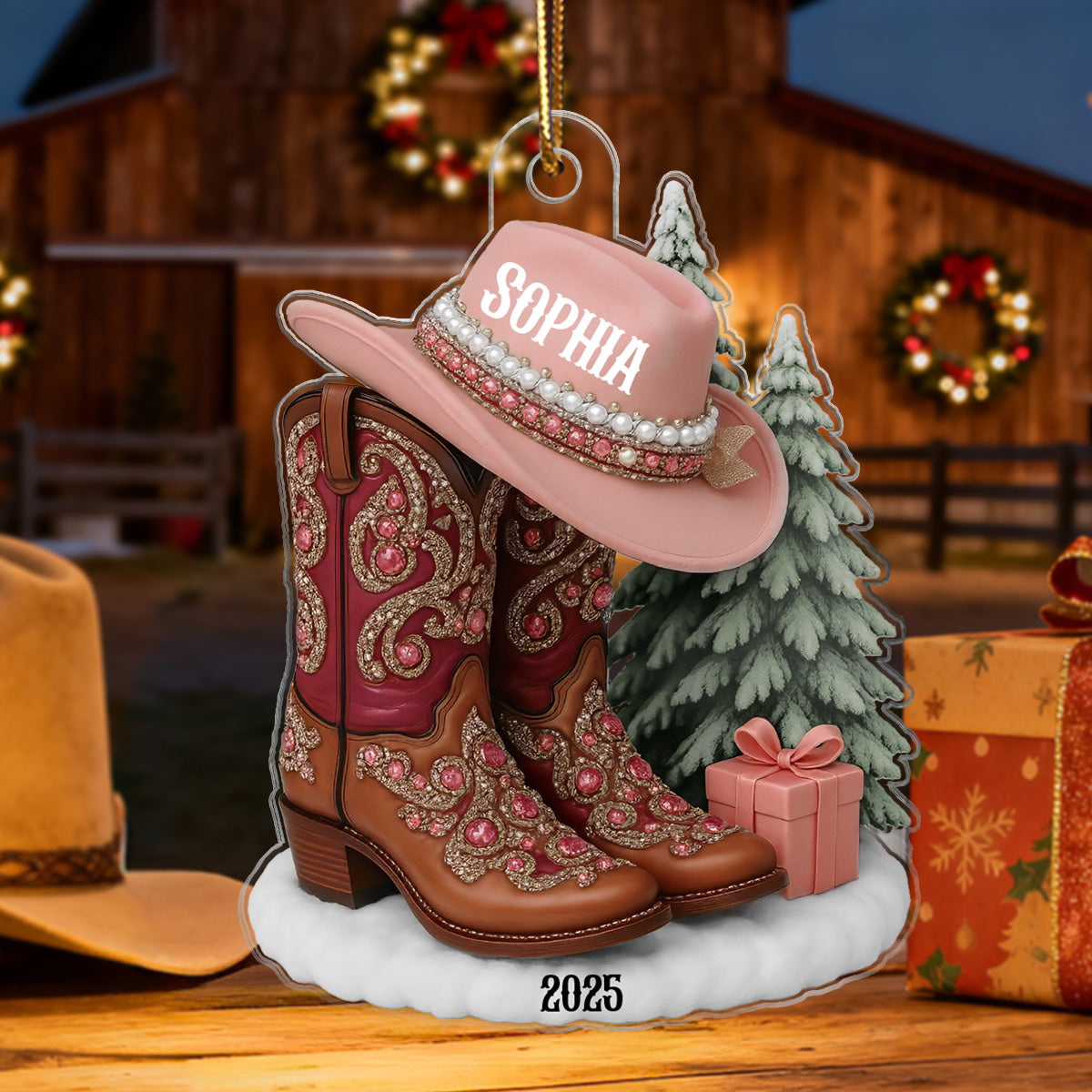 3D Effect Boots And Hat Cowgirl Name - Personalized Acrylic Ornament