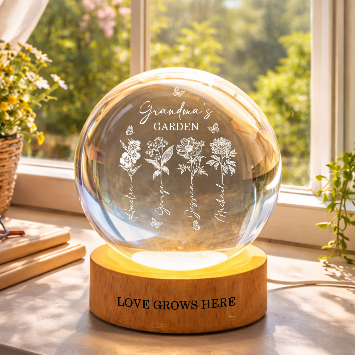 Grandma's Garden - Personalized Crystal Ball LED Night Light - Custom Birth Month Flowers, Heartfelt Gift for Grandma, Mom