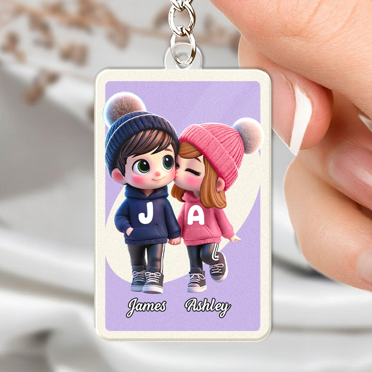 Love You More Game Card Style Cartoon Couple - Personalized Acrylic Keychain - Valentine's Day Gift, Anniversary Gift For Him, For Her