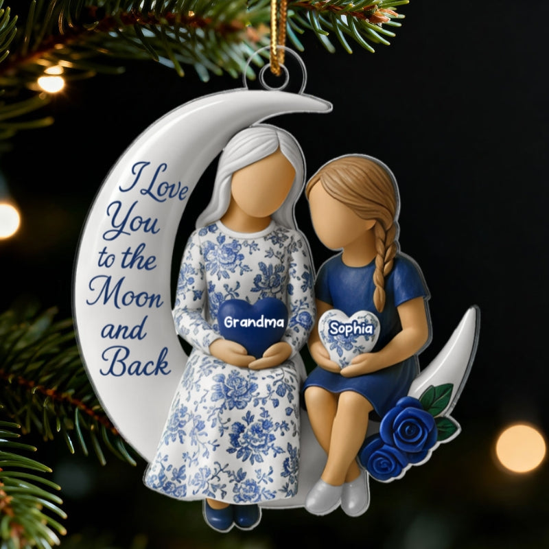 3D Effect Toile De Jouy Pattern Grandma Grandkid On Moon - Personalized Acrylic Ornament - Gift For Granddaughter