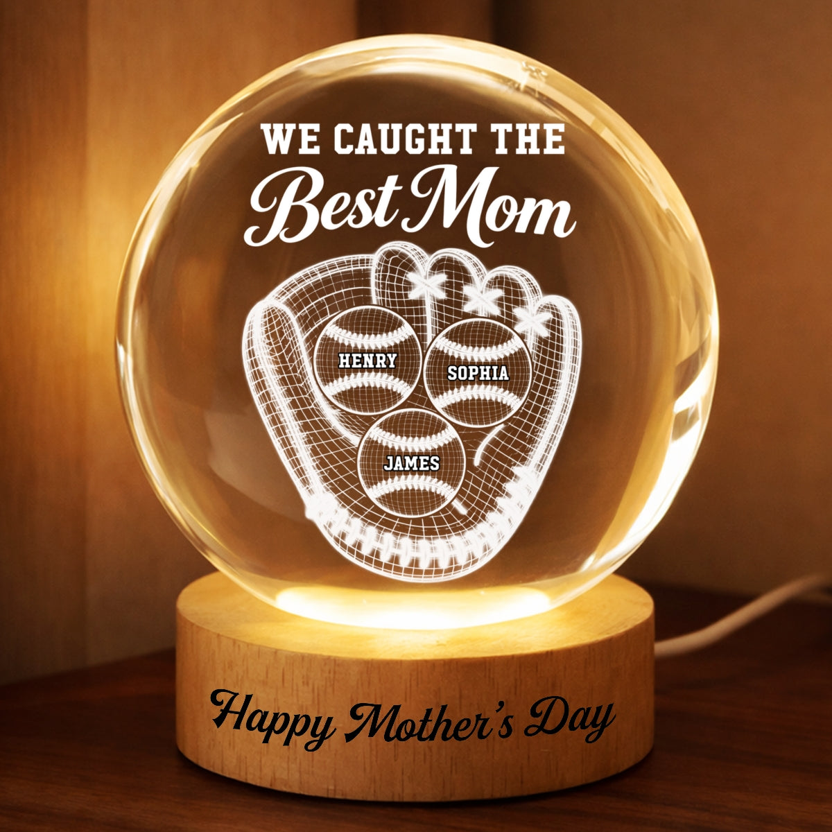 Baseball We Caught The Best Mom Illusion - Personalized Crystal Ball LED Night Light - Mother's Day Gift For Mom, Wife