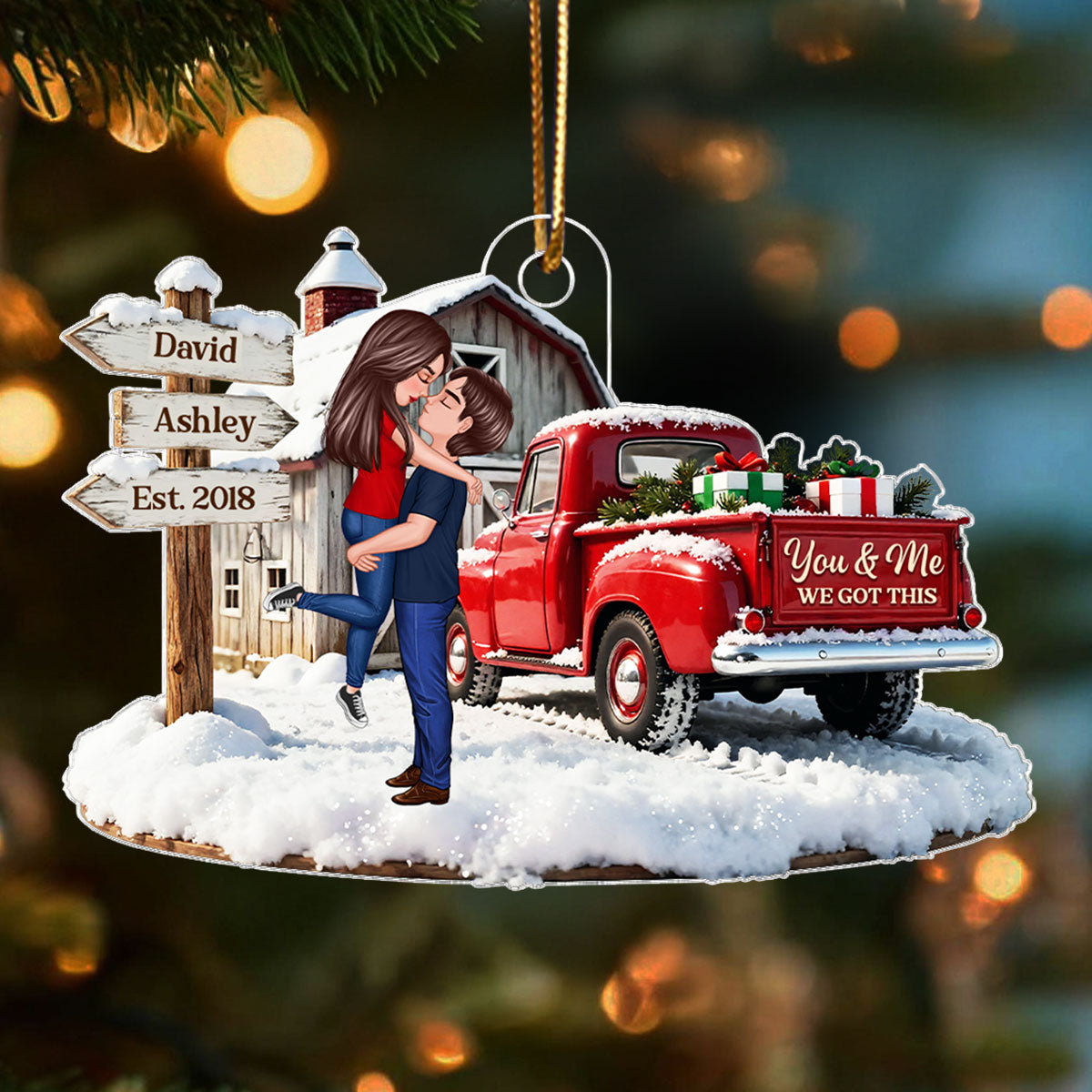 Christmas Truck Barn House Couple Sign Post - Personalized Acrylic Ornament - Christmas Gift For Her, For Him, For Couple