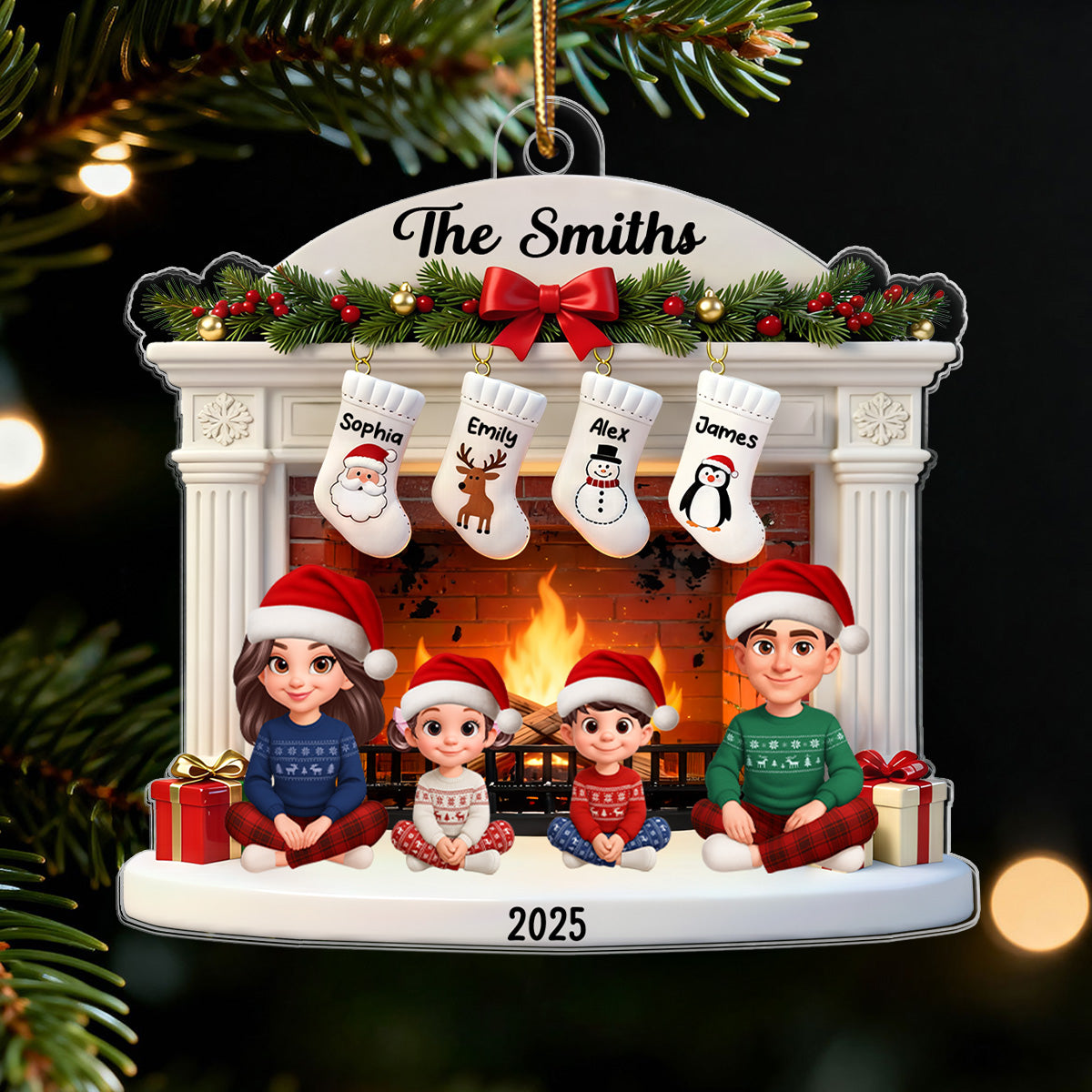 3D Effect Christmas Festive Christmas Fireplace Beautiful Family Together - Personalized Acrylic Ornament - Gift For Family