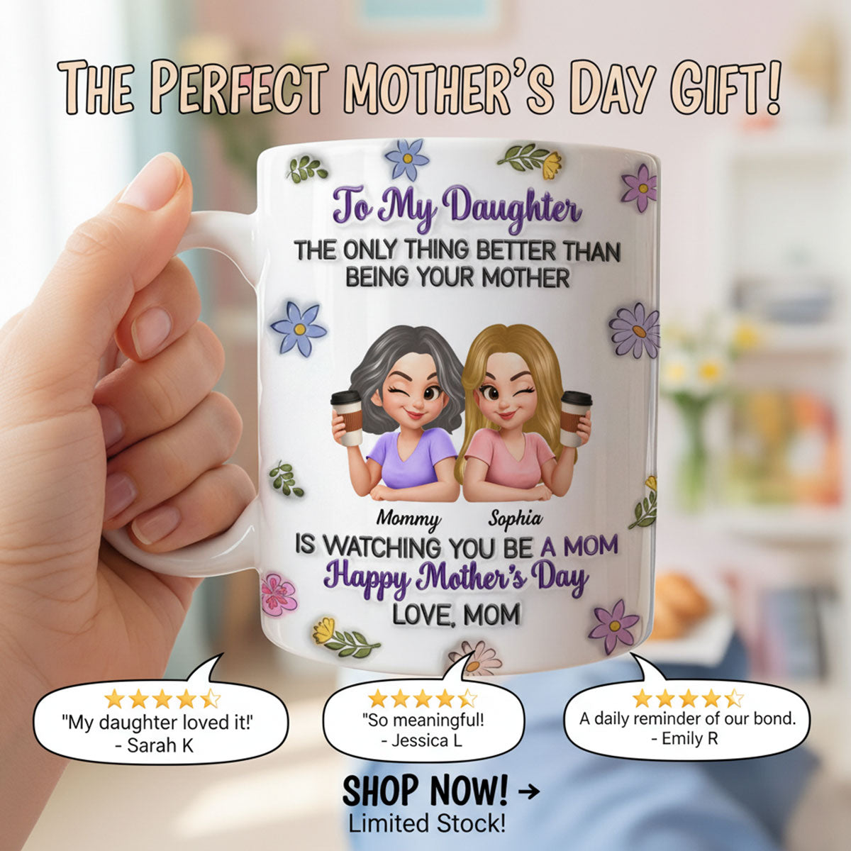 To My Daughter Flat Floral - Personalized Mug - Heartfelt Mother's Day Gift For Daughter