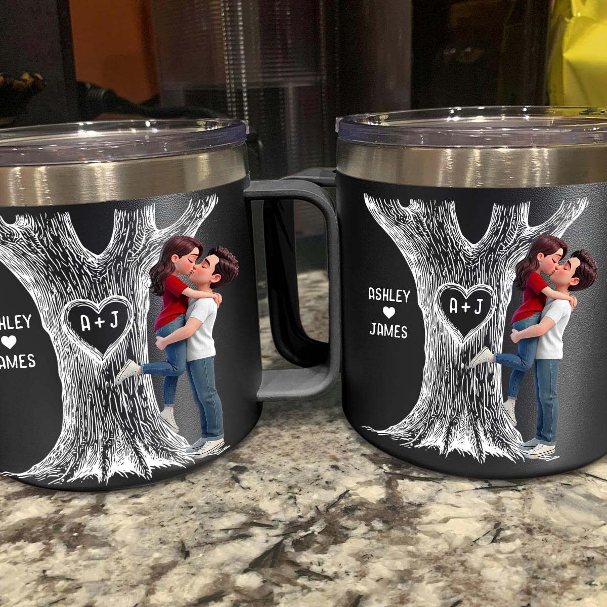 Eternal Love Couple Hugging Kissing Heart Carved Tree Of Love Initials - Personalized Tumbler With Handle - Heartfelt Valentine, Anniversary Gift For Him, For Her