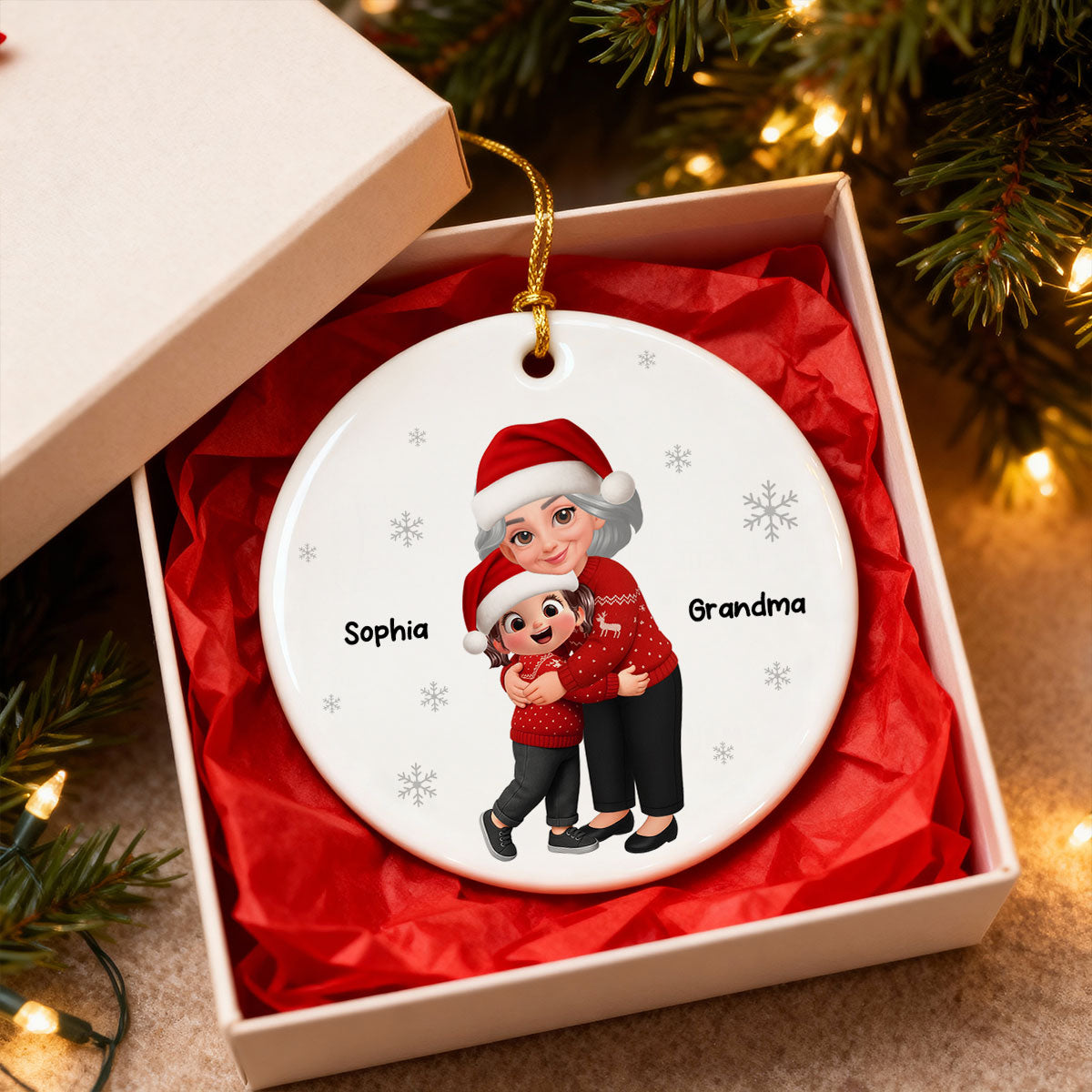Christmas Grandma Hugging Grandkid - Personalized Ceramic Ornament - Heartwarming Gift For Kids, Grandmas