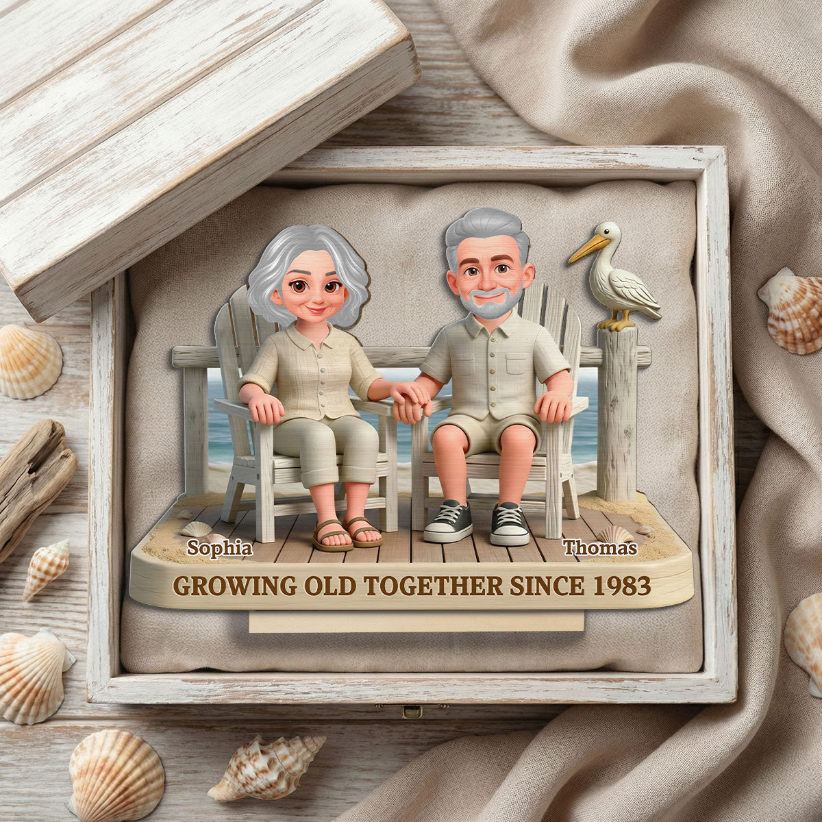 Eternal Love Couple On The Beach Growing Old Together - Personalized 2-Layer Wooden Plaque - Gift For Couple, Gift For Him, For Her