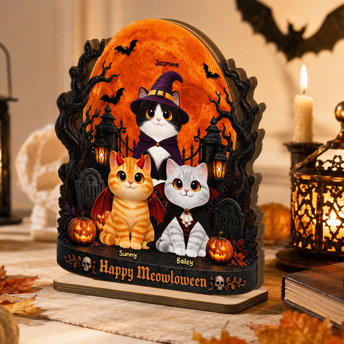 Spooky Halloween Cats Under Moonlight - Personalized 2-Layered Wooden Plaque - Halloween Decor For Cat Lovers