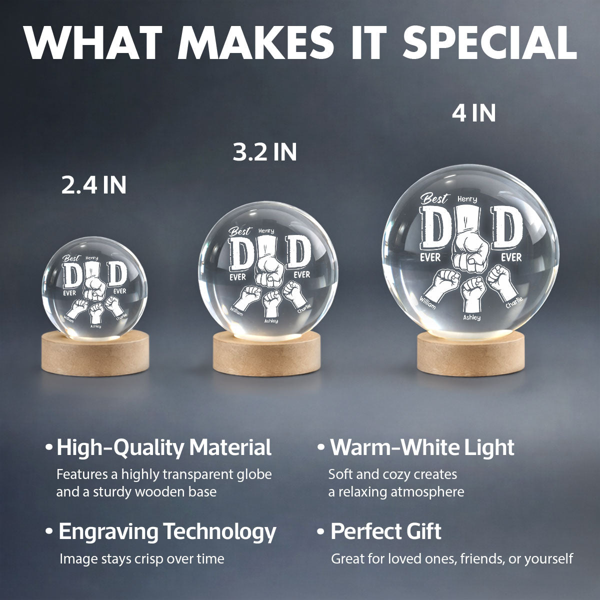 Best Dad Ever Fist Bump - Personalized Crystal Ball LED Night Light - Heartfelt Gift for Dad, Husband