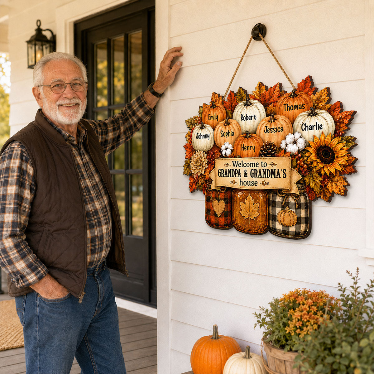 Cozy Warm Fall Season Mason Jars Pumpkins Welcome To Grandma Grandpa House - Personalized Wood Sign - Fall Decor For Grandparents (Up to 20 Grandkids)