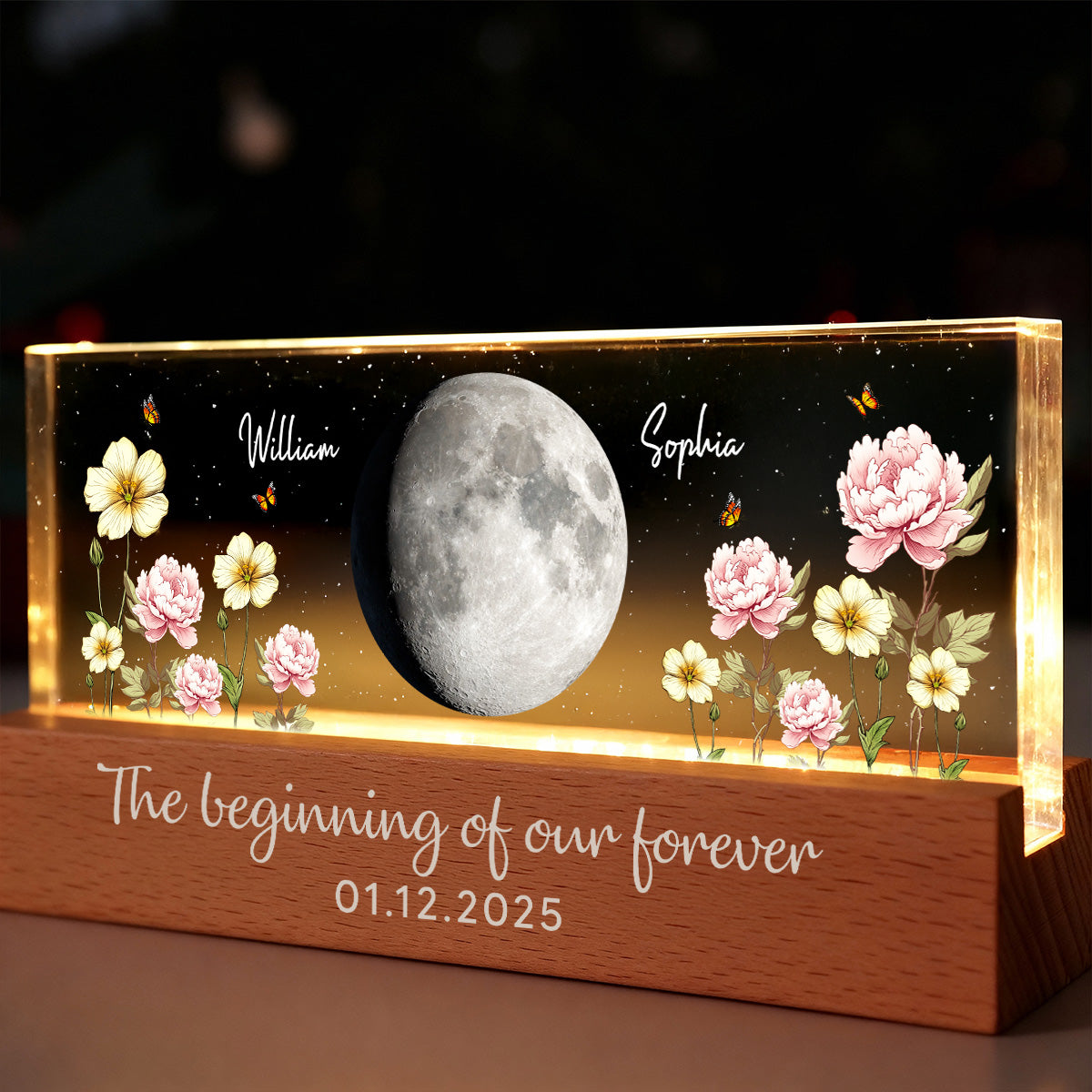 Custom Couple Birth Month Flowers Our Moon Custom Moon Phase Art - Personalized Acrylic Block Plaque LED Night Light - Gift For Couple