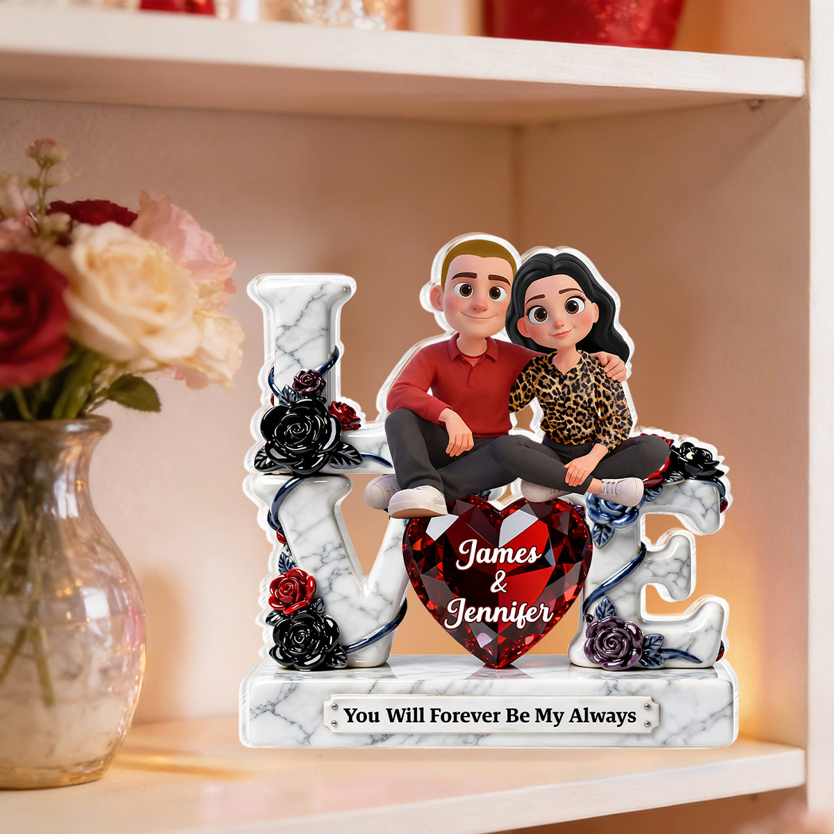 Couple Sitting on Love Marble Pattern - Personalized Acrylic Block Plaque - Heartfelt Valentine's Day Gift for Her, for Him