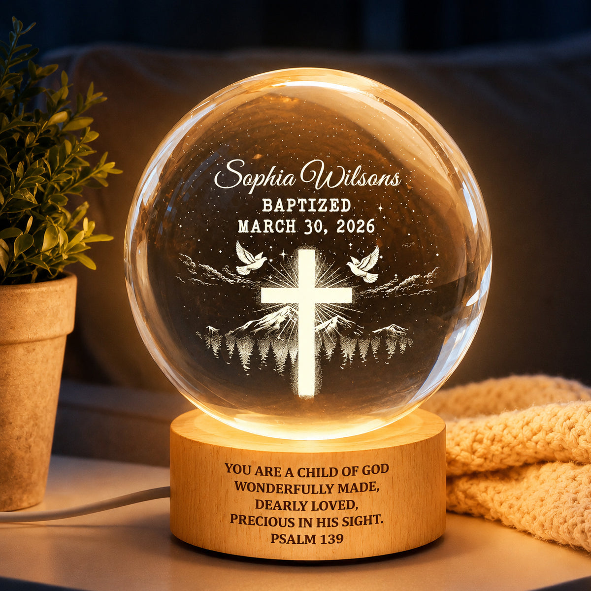 You Are a Child of God Baptism - Personalized Crystal Ball LED Night Light - Nursery Decor