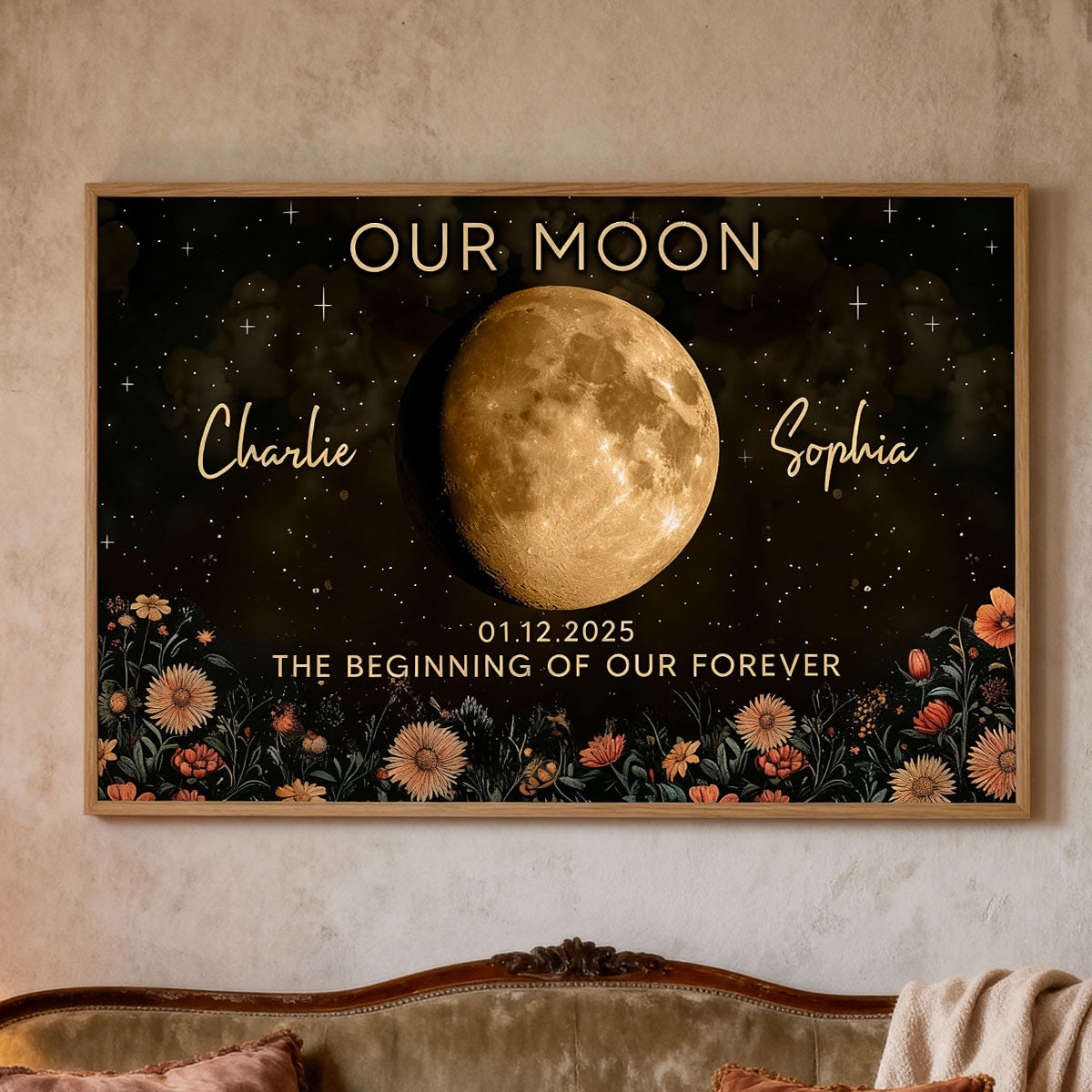 Night Sky Love Story Couple Custom Moon Phase Anniversary Date - Personalized Poster - Heartfelt Anniversary Gift, Valentine Gift, Wedding Gift For Couple