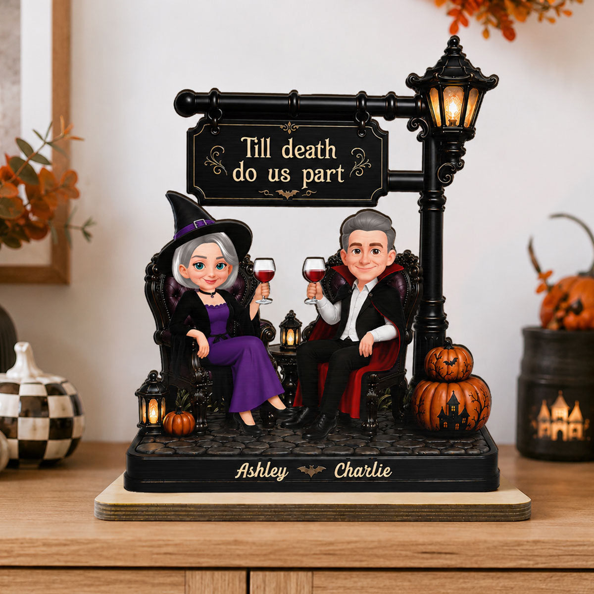 Classic Halloween Couple Under Lamp Post - Personalized 2-Layered Wooden Plaque - Halloween Decoration For Couple