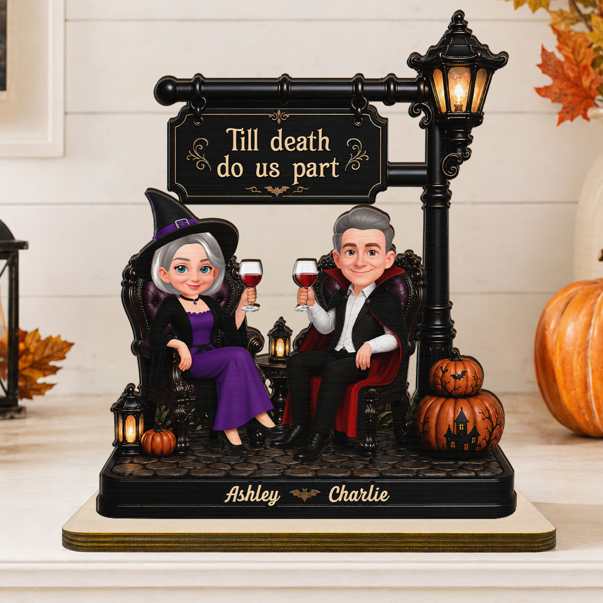 Classic Halloween Couple Under Lamp Post - Personalized 2-Layered Wooden Plaque - Halloween Decoration For Couple