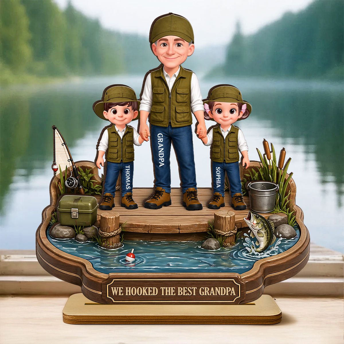 Grandpa's Little Fishing Partners - Personalized 2-Layered Wooden Plaque - Heartfelt Gift For Fishing Grandpa