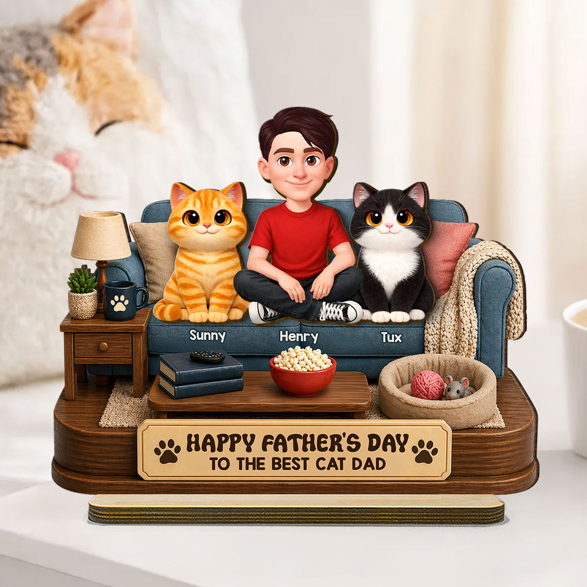 Happy  Best Cat Dad - Personalized 2-Layered Wooden Plaque -  Gift For Cat Dad, Cat Lovers