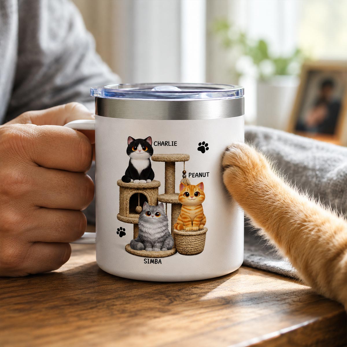Happy Father's Day To The Most Purrfect Cat Dad Cute Cats On Cat Tree - Personalized Stainless Steel Tumbler With Handle - Father's Day Gift For Cat Dad