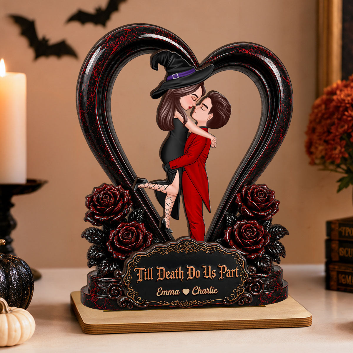 From Our First Kiss Til Our Last Breath Halloween Couple - Personalized 2-Layered Wooden Plaque - Heartfelt Keepsake for Him, for Her